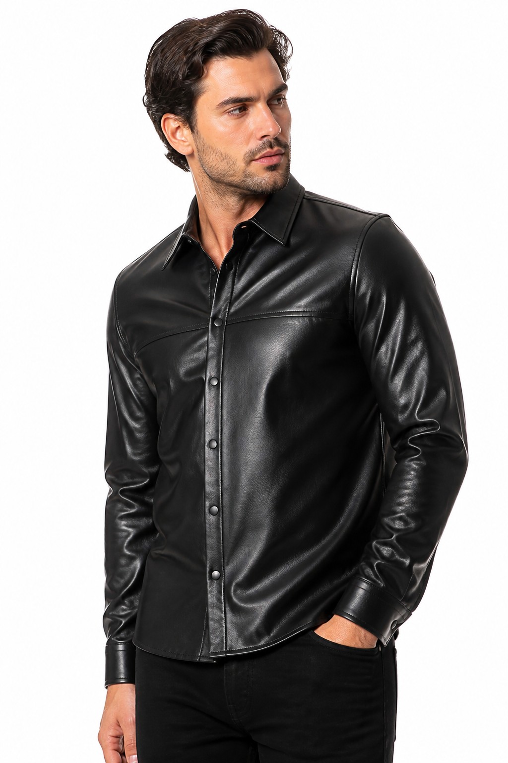 Button-Down Nappa Leather Long-Sleeve Shirt